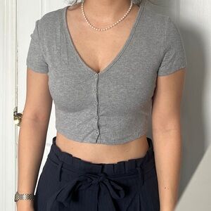 SHEIN Gray Button-Up Ribbed Crop Top